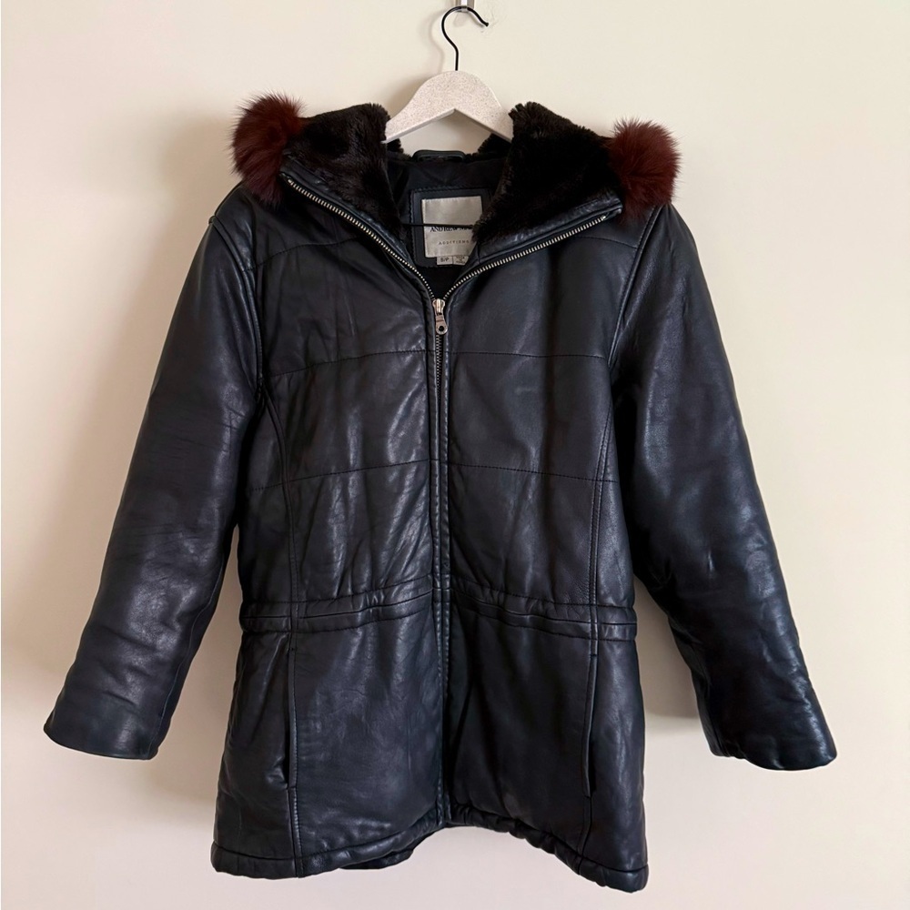 Leather Coat by Andrew Marc Fox and Faux Fur Trim Womens Size S Jacket with Hood